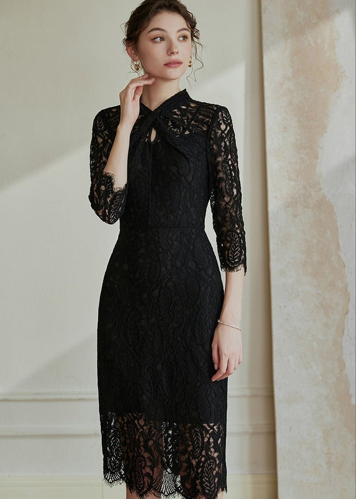 BLACK HOLLOW LACE SLIM DRESS - ANLEM