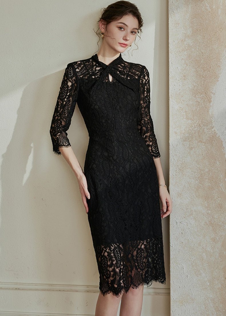 BLACK HOLLOW LACE SLIM DRESS - ANLEM