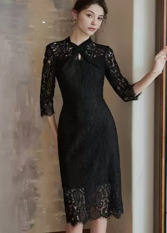 BLACK HOLLOW LACE SLIM DRESS - ANLEM