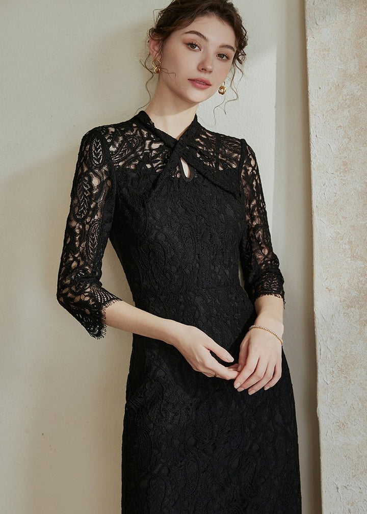 BLACK HOLLOW LACE SLIM DRESS - ANLEM