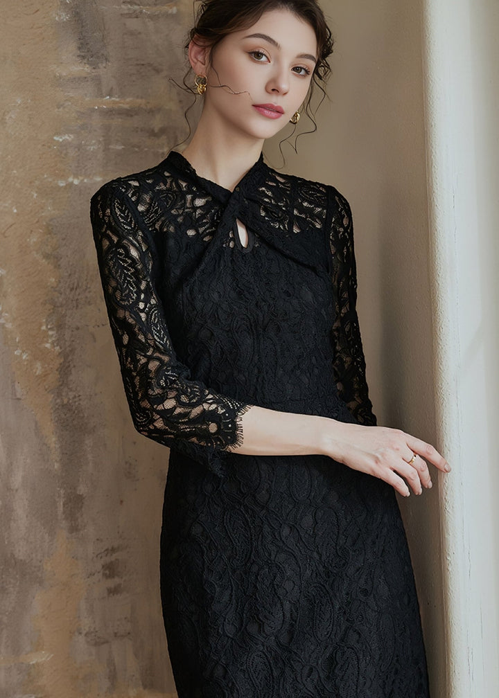 BLACK HOLLOW LACE SLIM DRESS - ANLEM