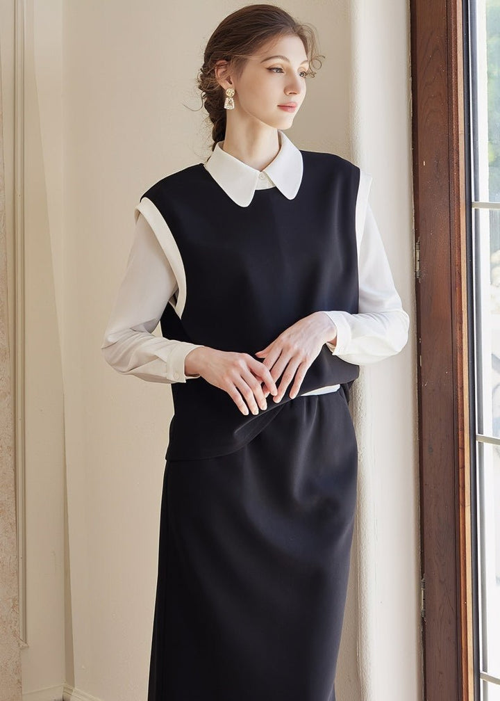 BLACK KNIT TOP AND SKIRT SET - ANLEM