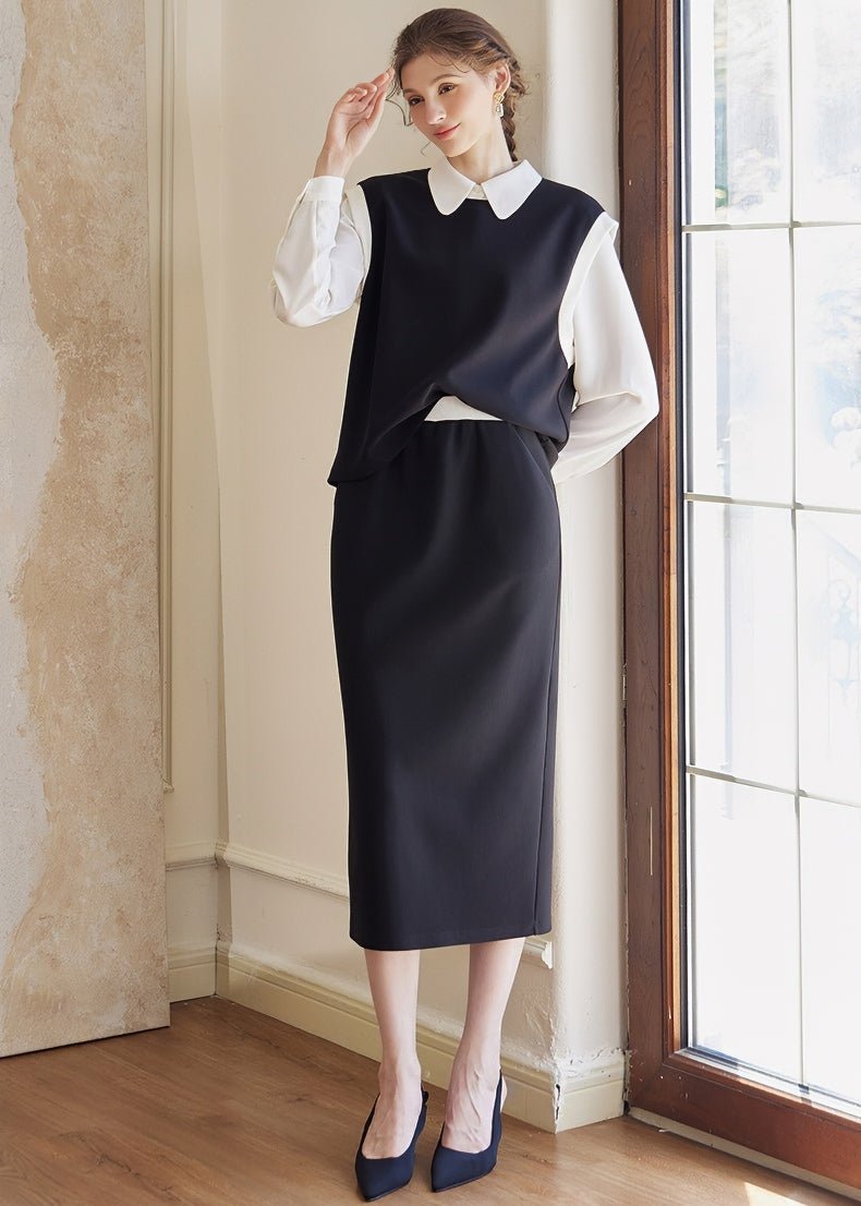 BLACK KNIT TOP AND SKIRT SET - ANLEM