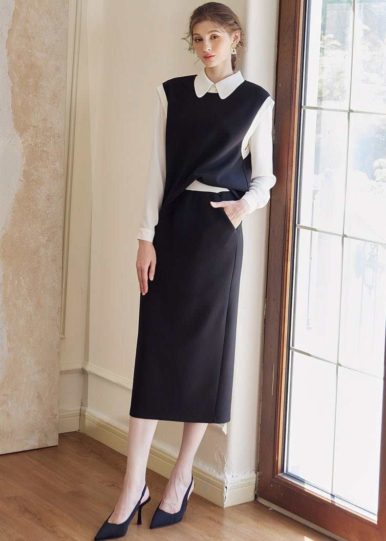 BLACK KNIT TOP AND SKIRT SET - ANLEM