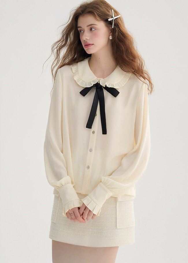 BLACK RIBBON RUFFLE SHIRT - ANLEM