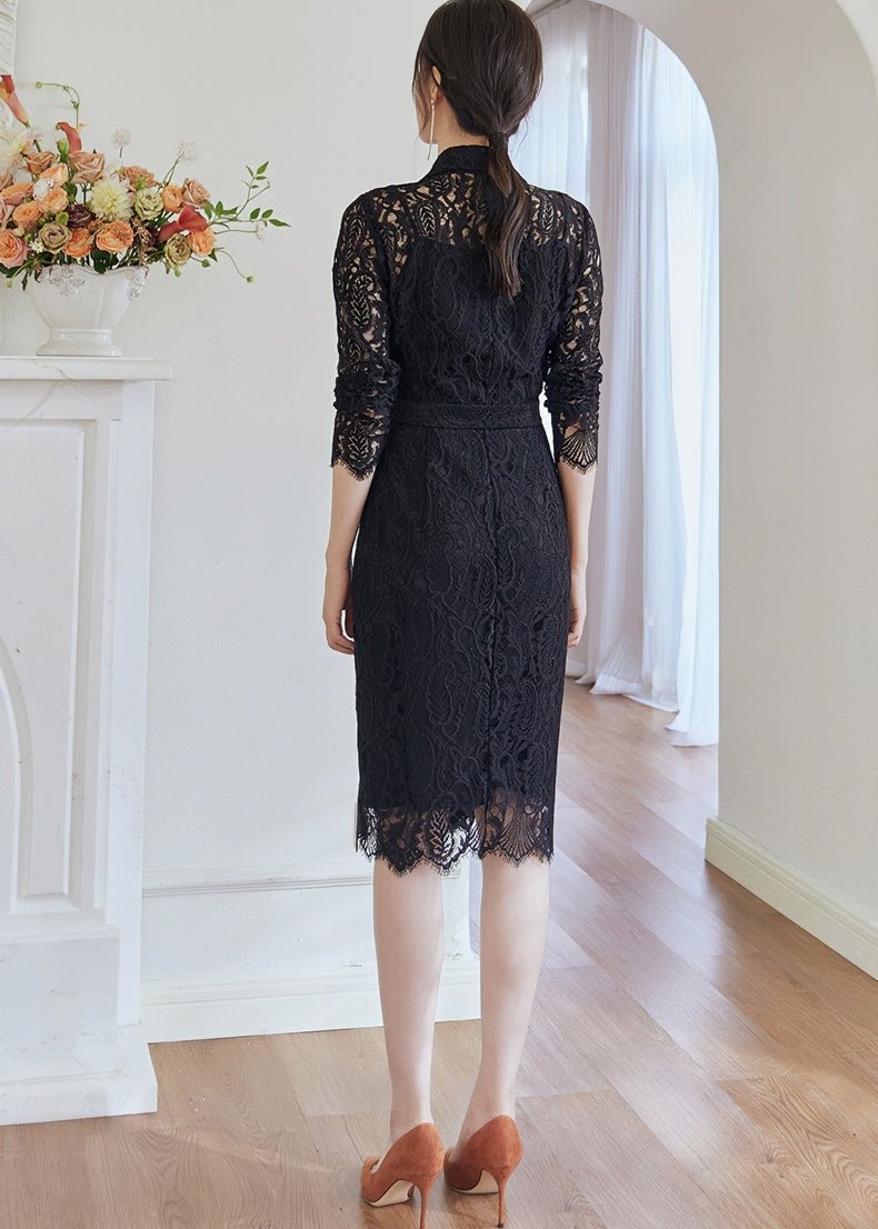 BLACK SLIM LACE MIDI DRESS - ANLEM