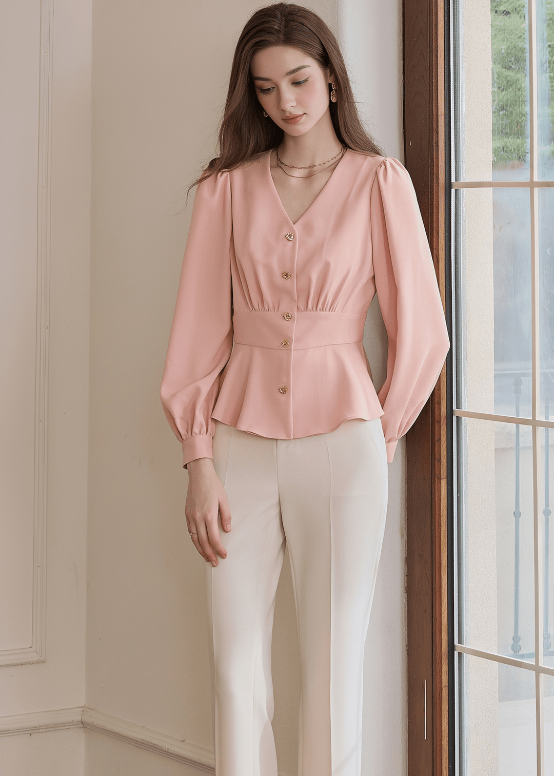 BLUSH PEPLUM BUTTON - UP BLOUSE - ANLEM