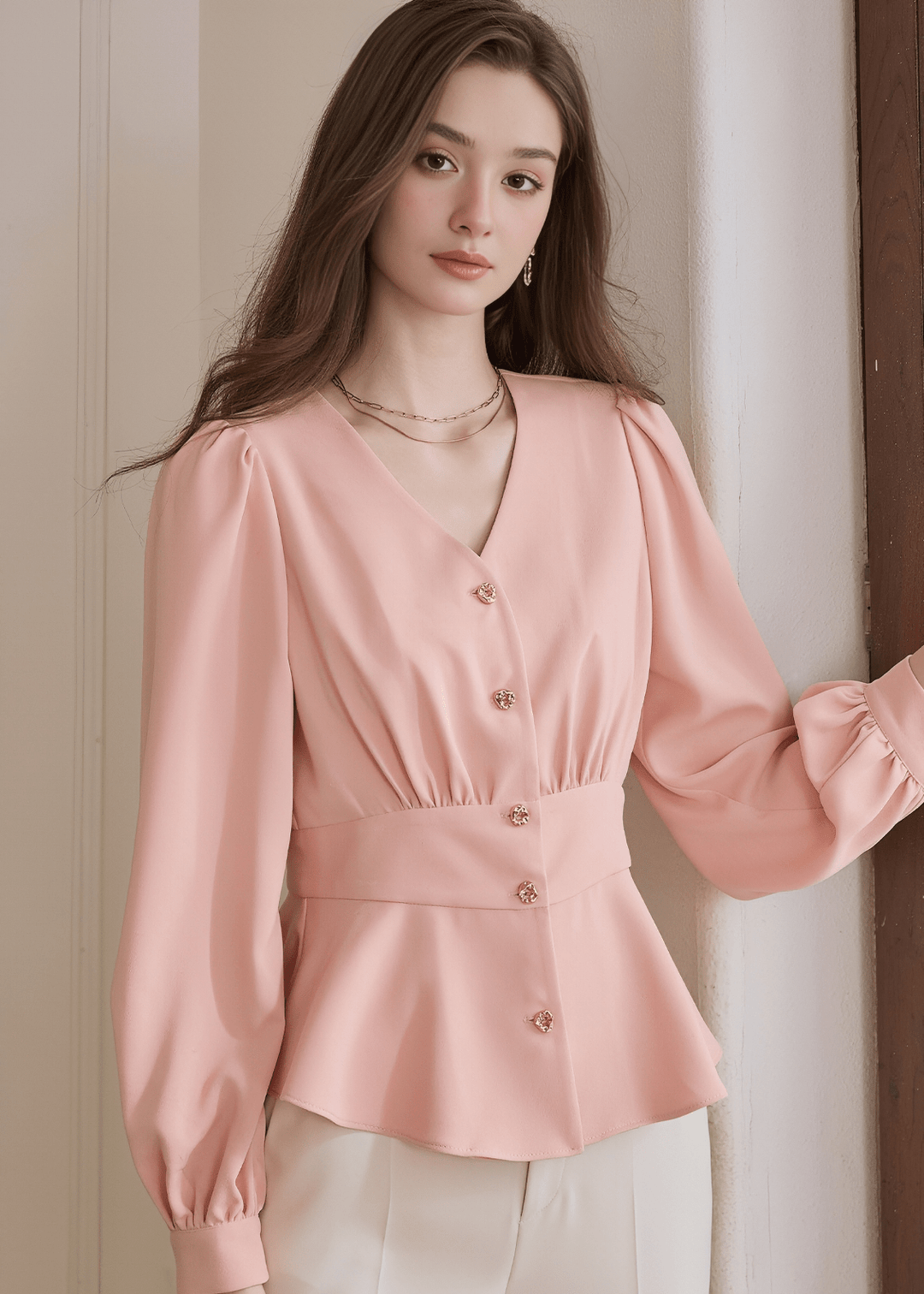 BLUSH PEPLUM BUTTON - UP BLOUSE - ANLEM