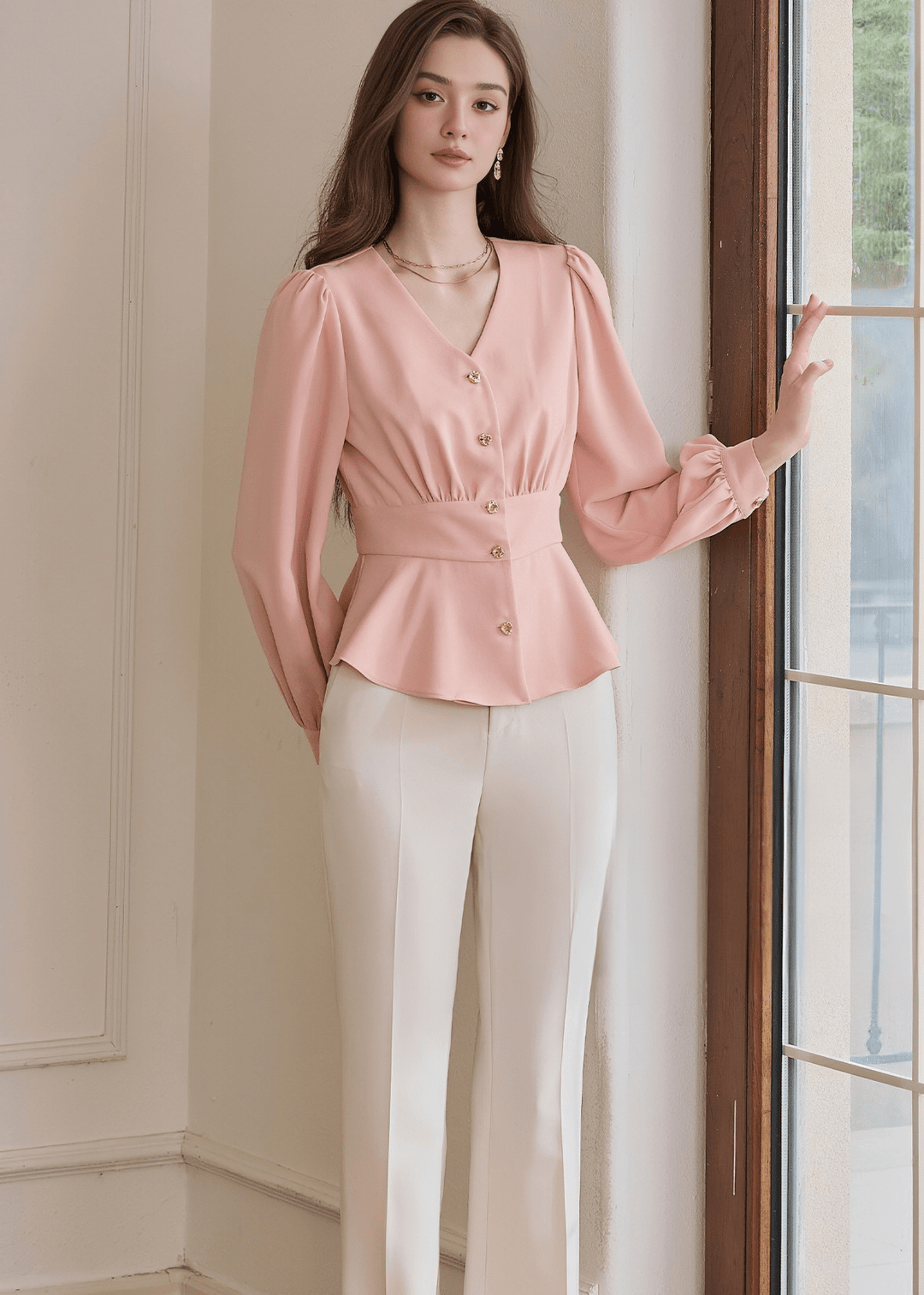 BLUSH PEPLUM BUTTON - UP BLOUSE - ANLEM