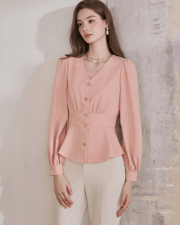 BLUSH PEPLUM BUTTON - UP BLOUSE - ANLEM