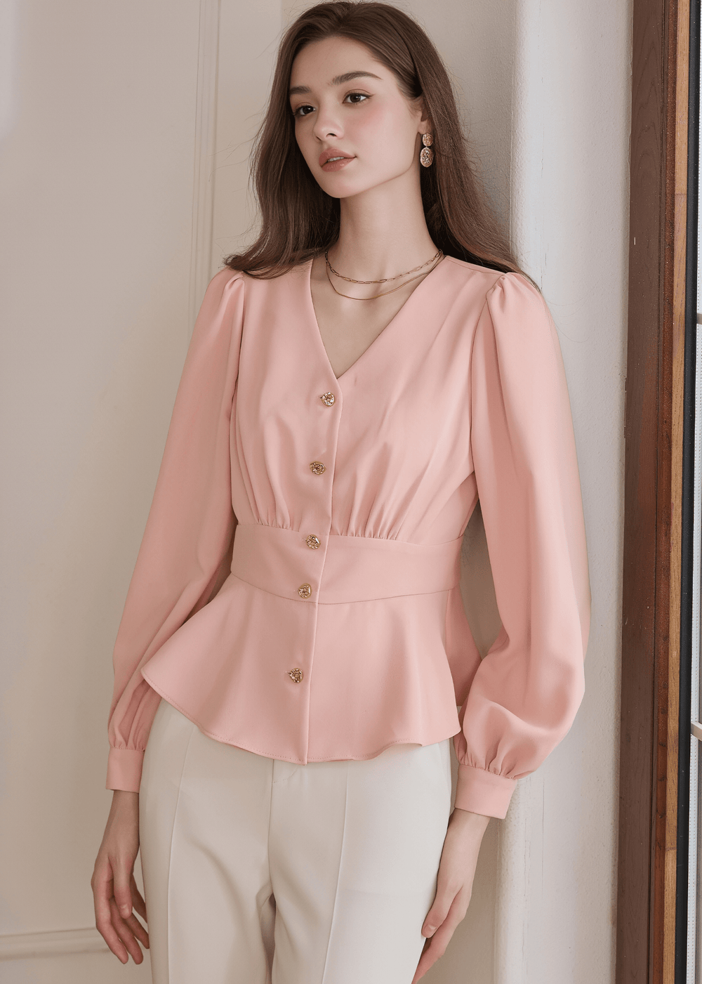 BLUSH PEPLUM BUTTON - UP BLOUSE - ANLEM