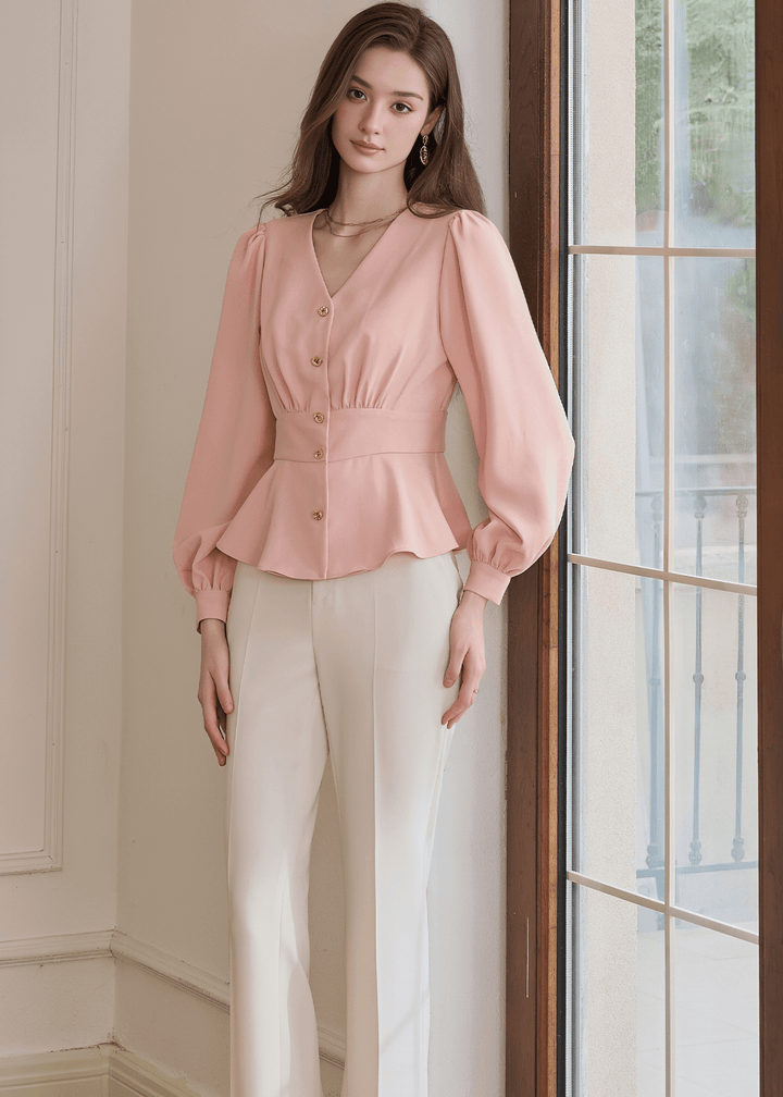 BLUSH PEPLUM BUTTON - UP BLOUSE - ANLEM