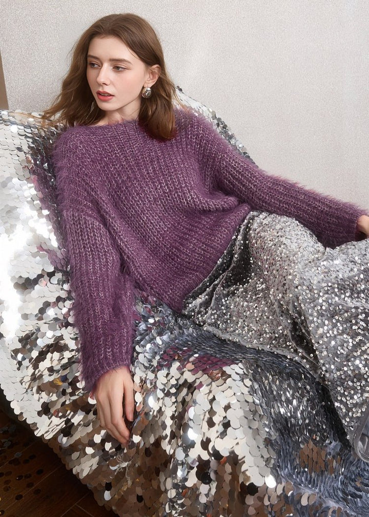 BOAT NECK LOOSE PURPLE KNIT - ANLEM