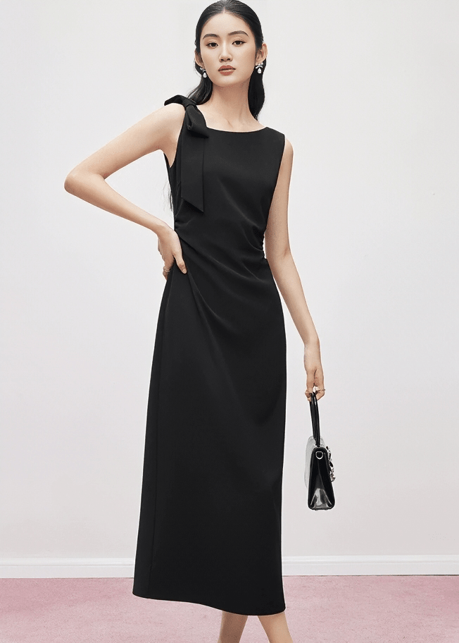 BOW SHOULDER DRAPED MID DRESS - ANLEM