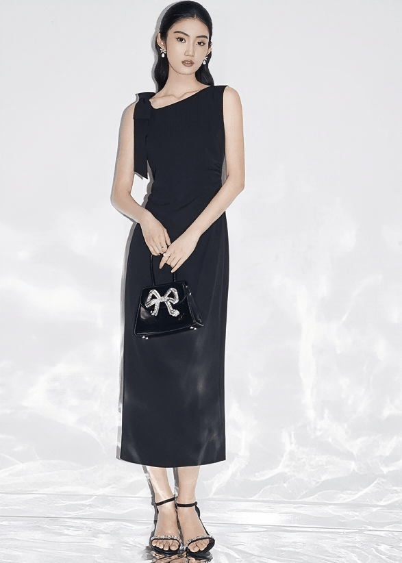 BOW SHOULDER DRAPED MID DRESS - ANLEM