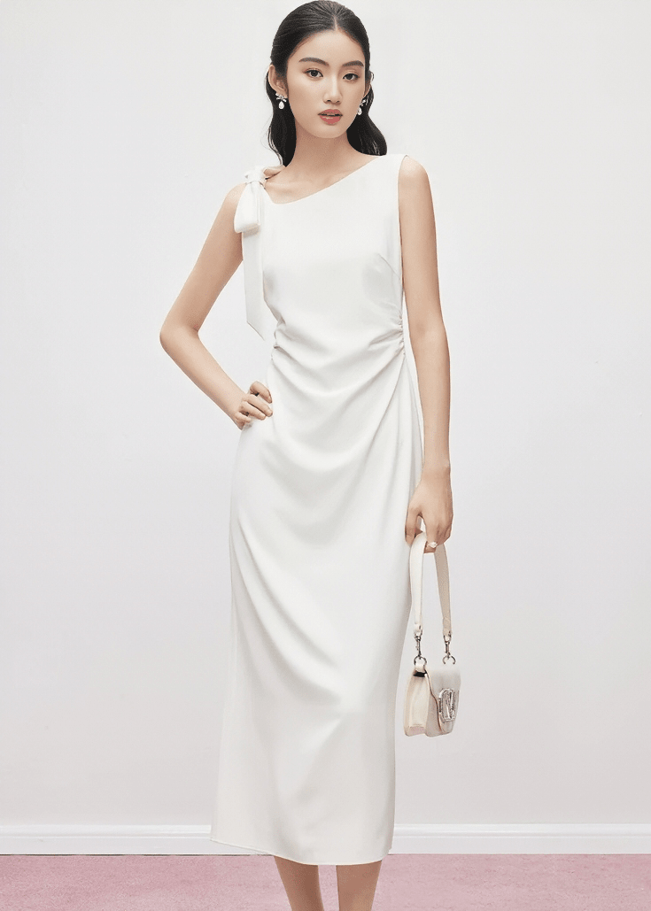 BOW SHOULDER DRAPED MID DRESS - ANLEM