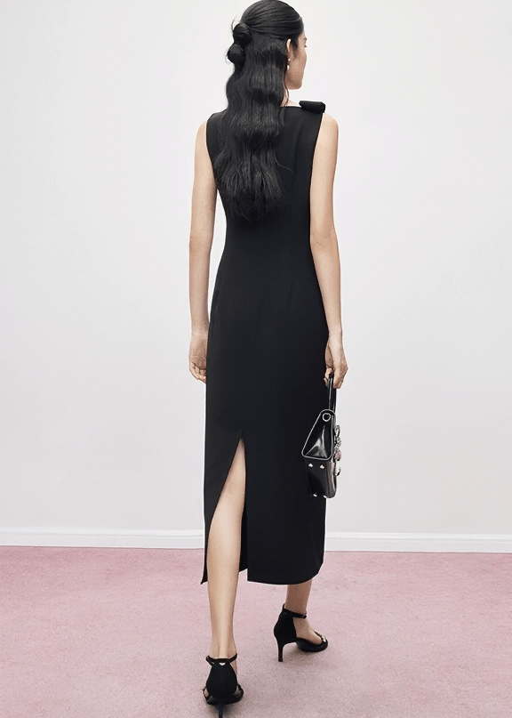 BOW SHOULDER DRAPED MID DRESS - ANLEM