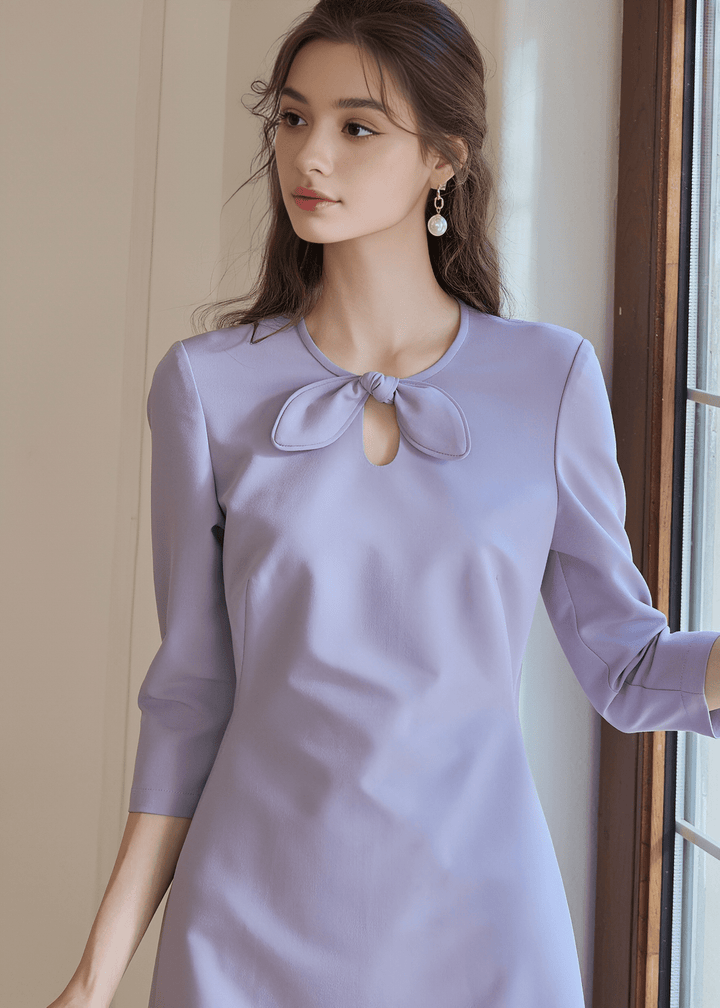 BOW TIE NECK LILAC SHEATH DRESS - ANLEM