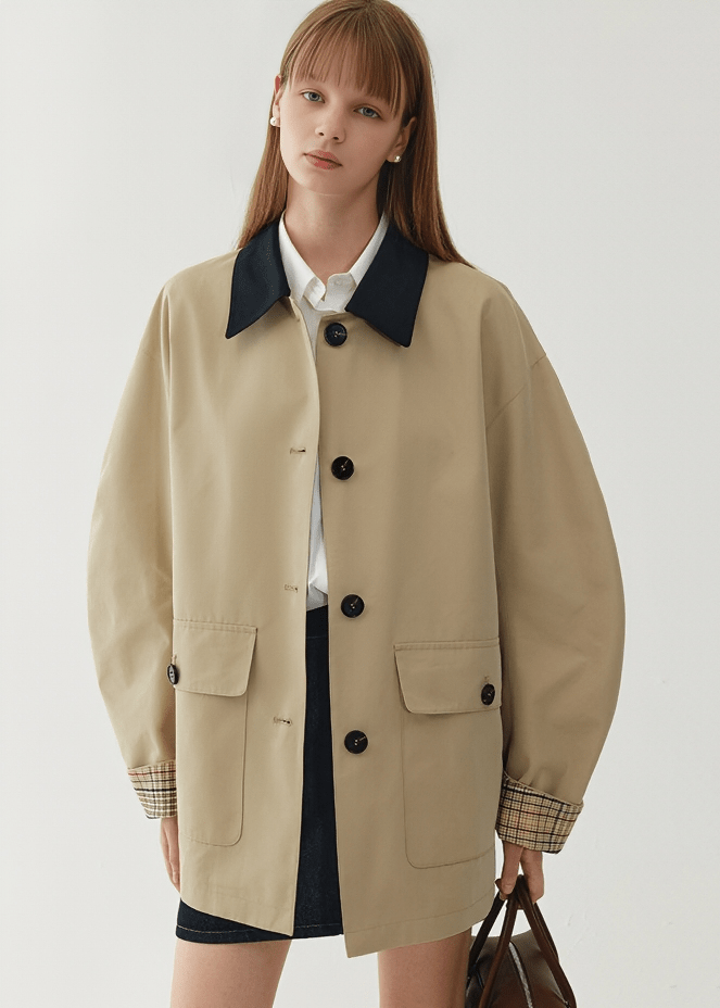 CHECK LINED COLLAR SWITCHING COAT - ANLEM