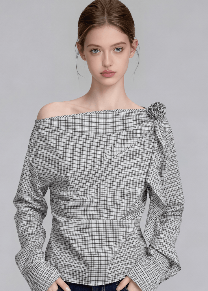 CHECKERED ASYMMETRIC OFF - SHOULDER TOP - ANLEM