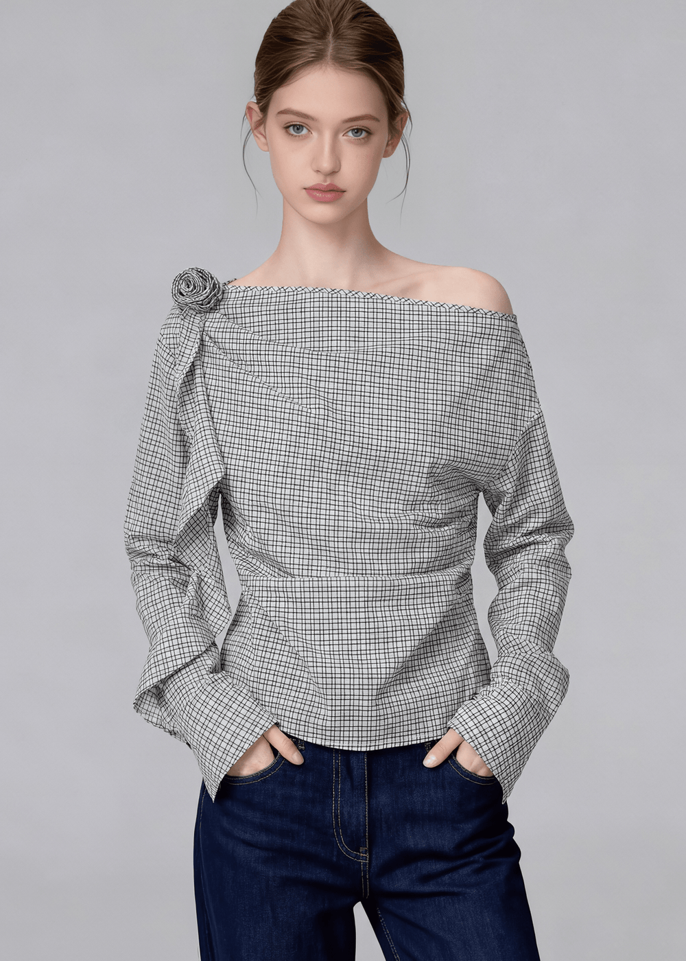 CHECKERED ASYMMETRIC OFF - SHOULDER TOP - ANLEM