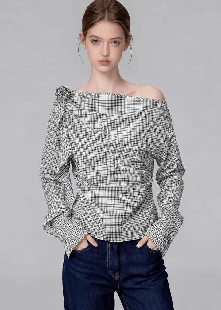 CHECKERED ASYMMETRIC OFF - SHOULDER TOP - ANLEM