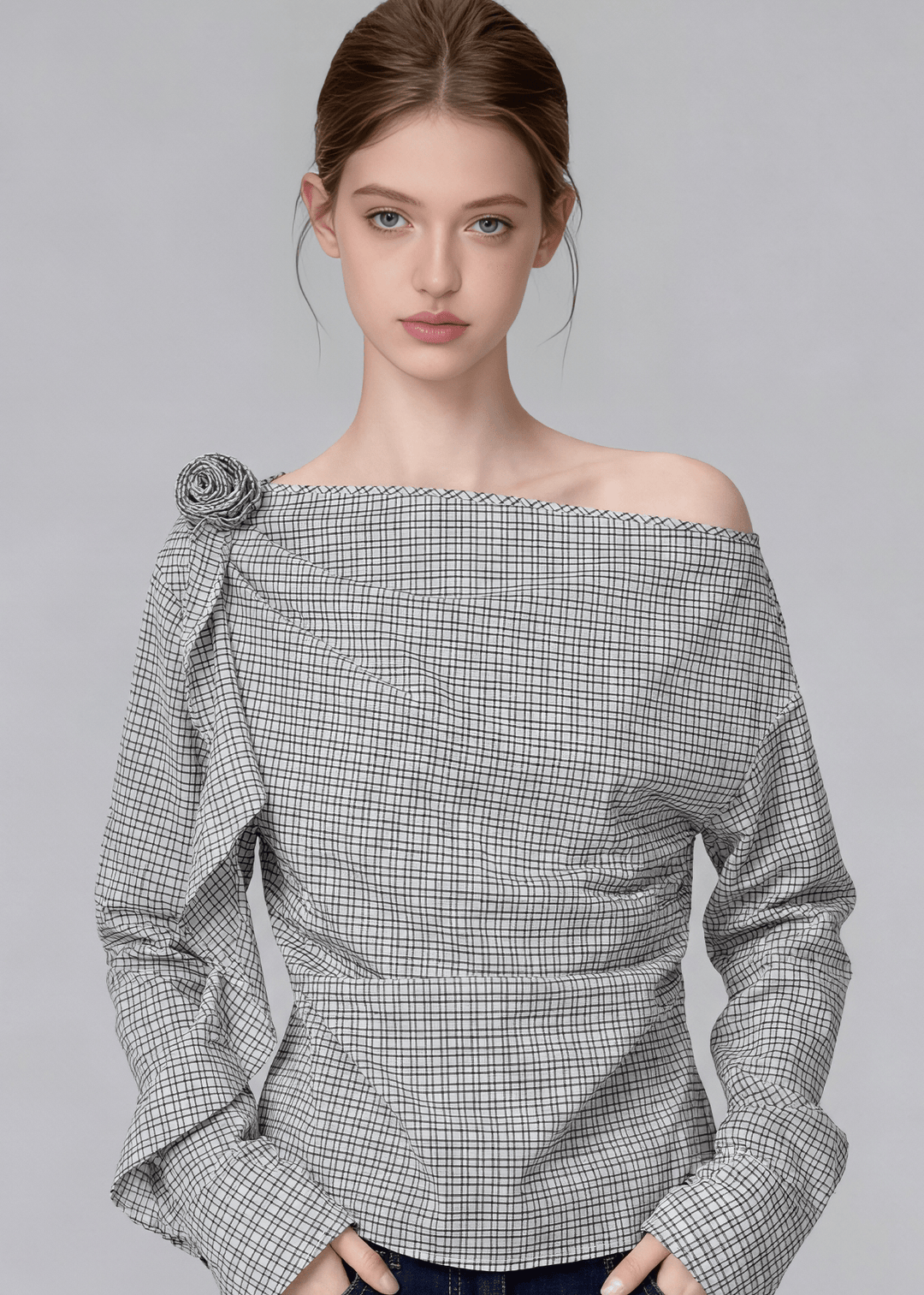 CHECKERED ASYMMETRIC OFF - SHOULDER TOP - ANLEM