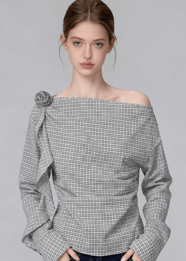 CHECKERED ASYMMETRIC OFF - SHOULDER TOP - ANLEM
