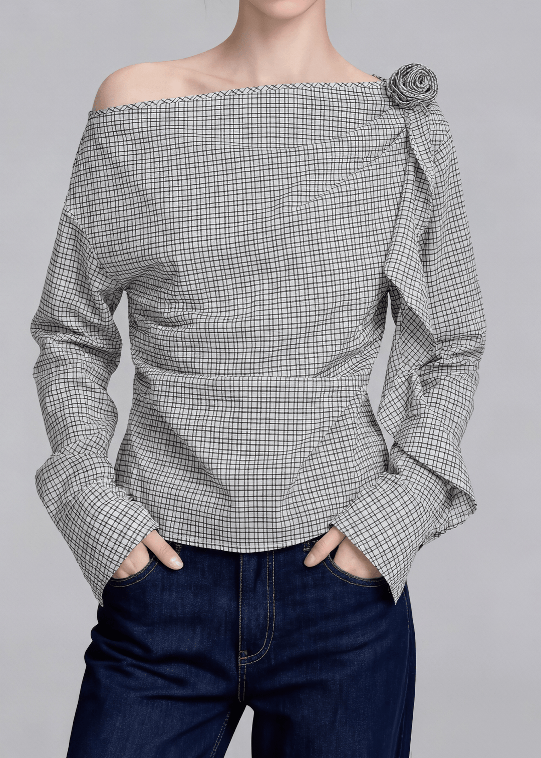 CHECKERED ASYMMETRIC OFF - SHOULDER TOP - ANLEM