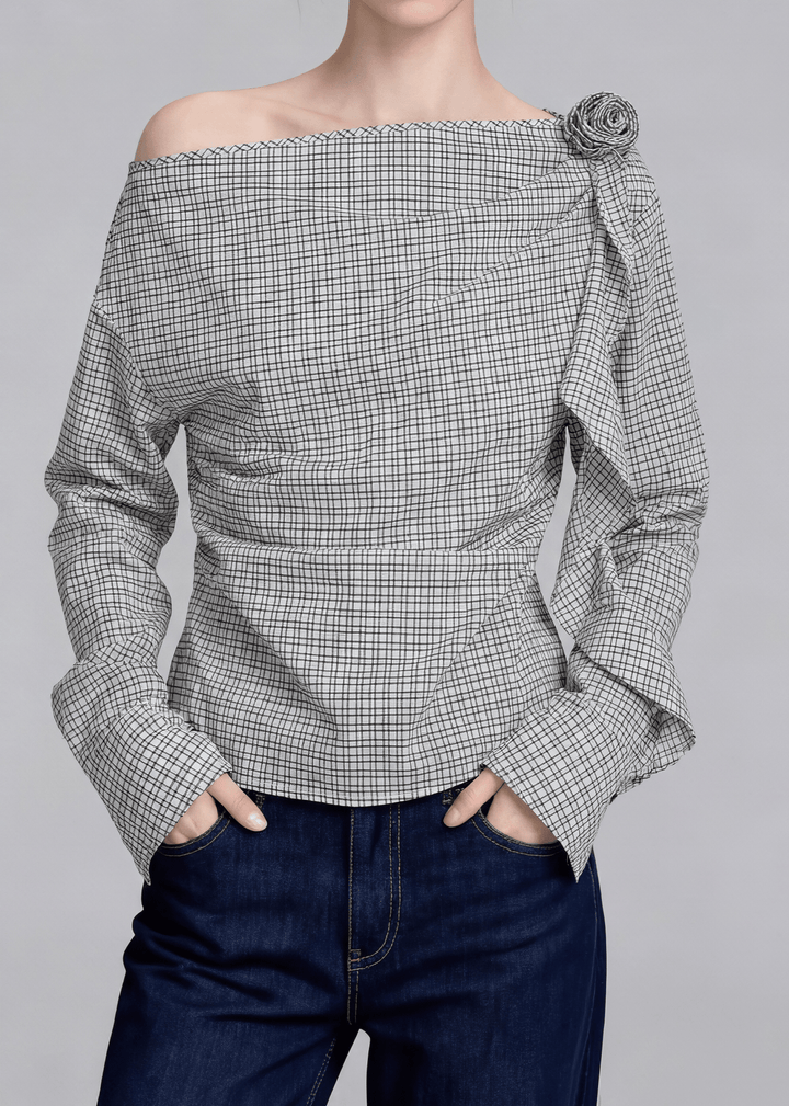 CHECKERED ASYMMETRIC OFF - SHOULDER TOP - ANLEM