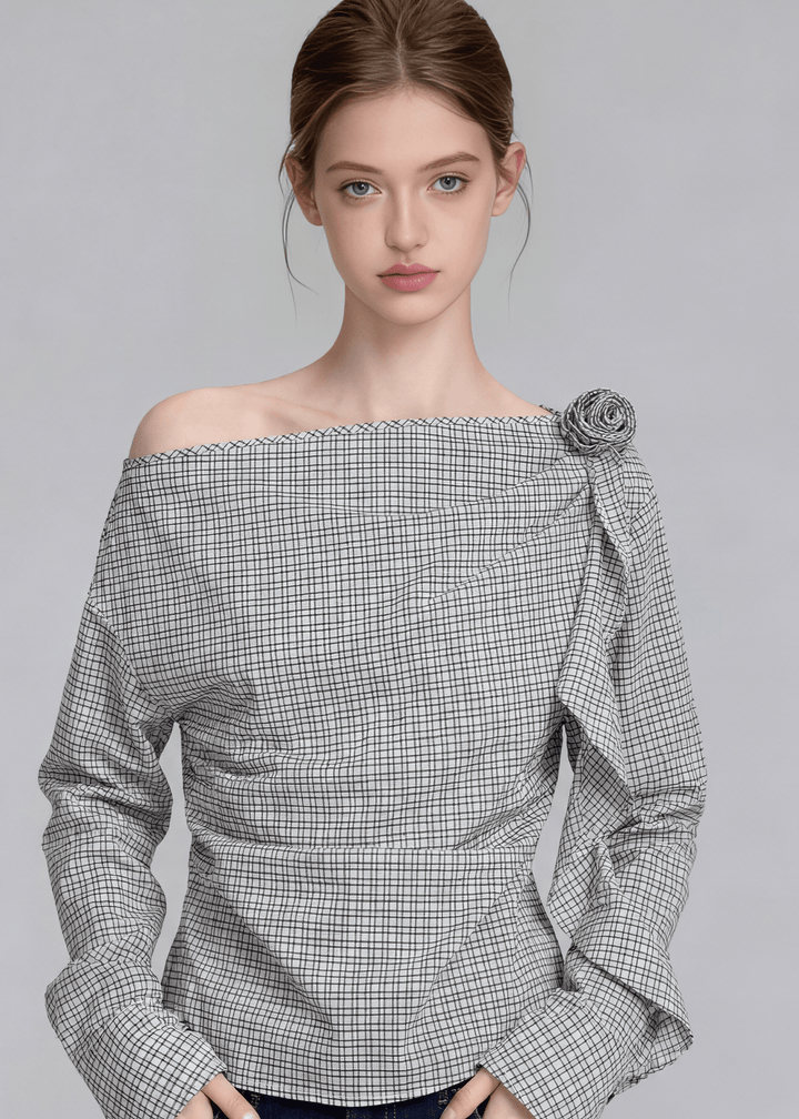 CHECKERED ASYMMETRIC OFF - SHOULDER TOP - ANLEM