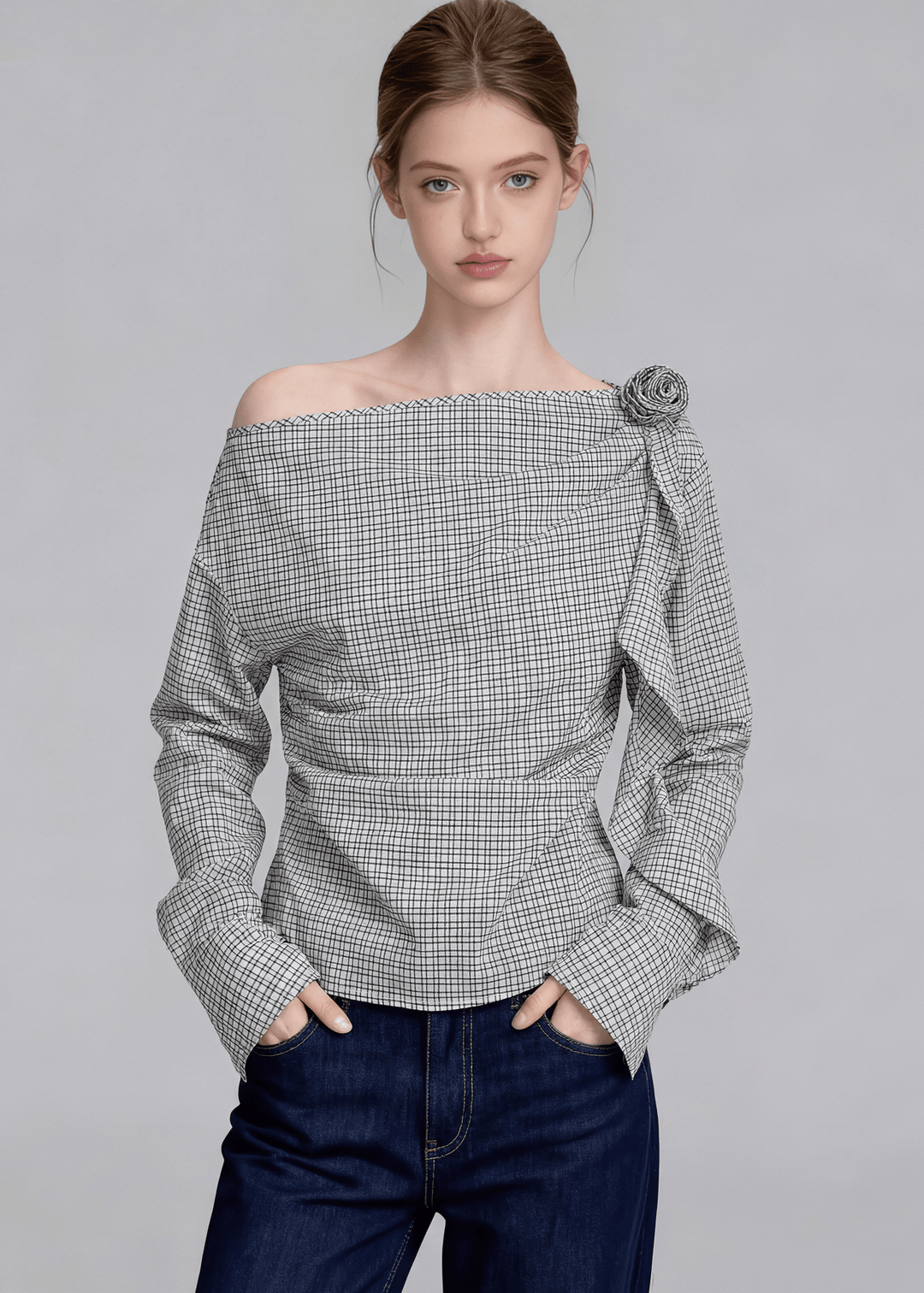 CHECKERED ASYMMETRIC OFF - SHOULDER TOP - ANLEM