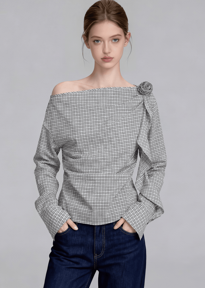 CHECKERED ASYMMETRIC OFF - SHOULDER TOP - ANLEM
