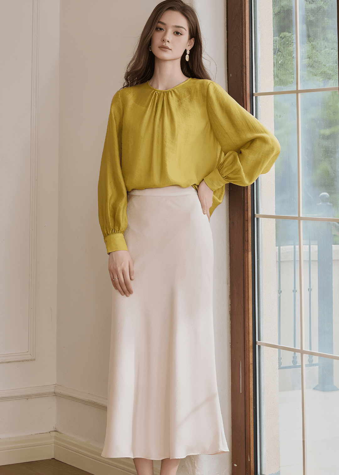 CITRINE GATHERED NECK BALLOON SLEEVE BLOUSE - ANLEM