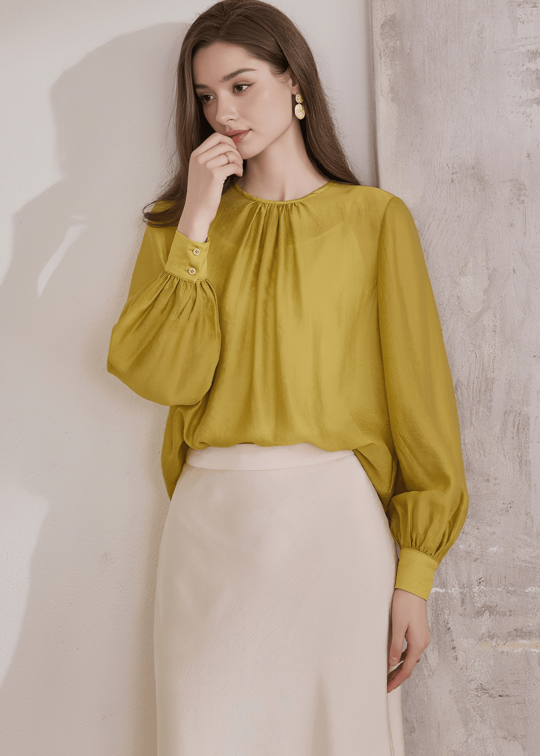 CITRINE GATHERED NECK BALLOON SLEEVE BLOUSE - ANLEM