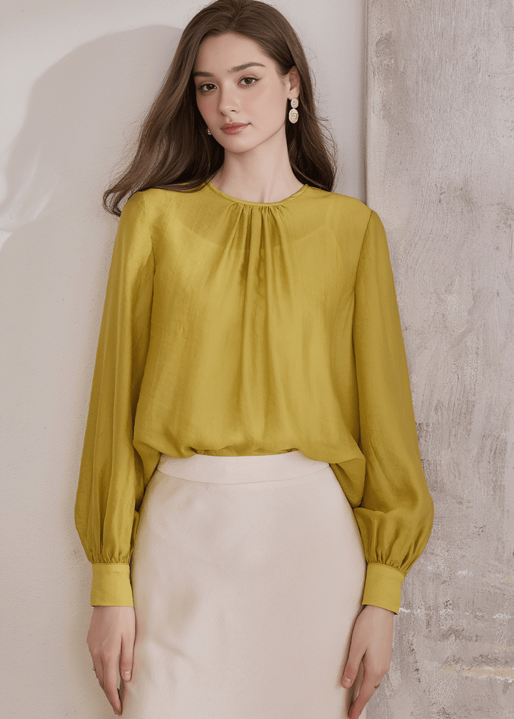 CITRINE GATHERED NECK BALLOON SLEEVE BLOUSE - ANLEM