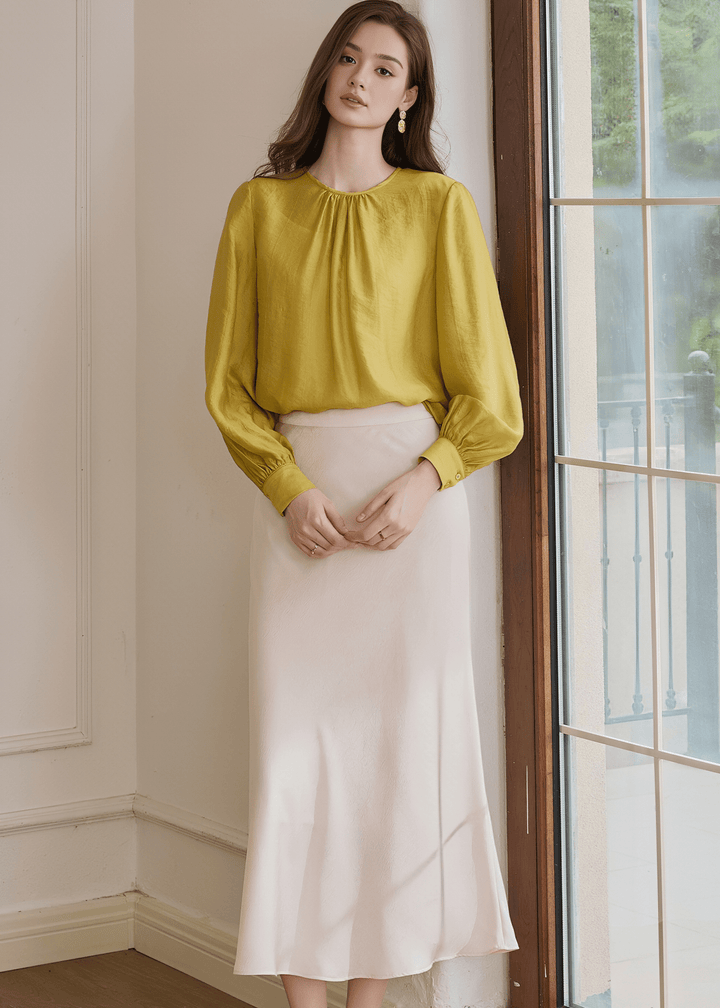 CITRINE GATHERED NECK BALLOON SLEEVE BLOUSE - ANLEM