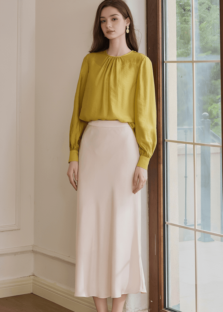 CITRINE GATHERED NECK BALLOON SLEEVE BLOUSE - ANLEM