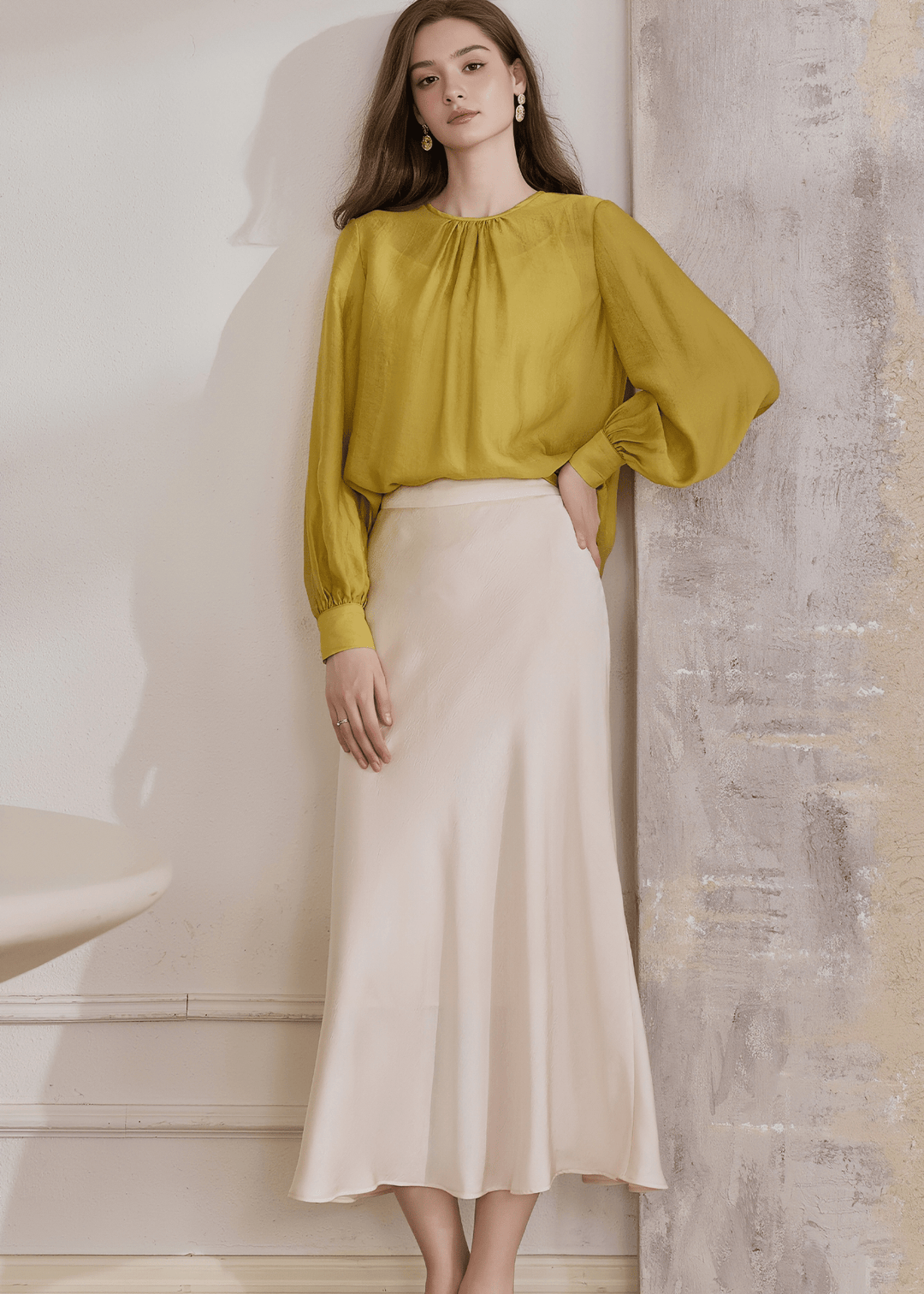 CITRINE GATHERED NECK BALLOON SLEEVE BLOUSE - ANLEM