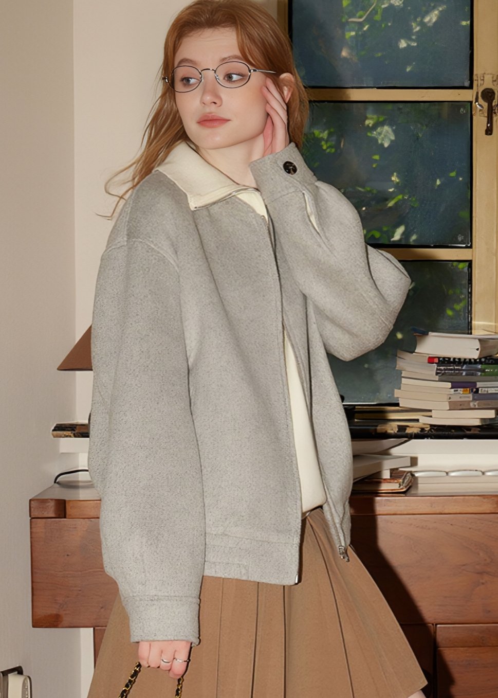 COLLARLESS GREY WOOL JACKET - ANLEM