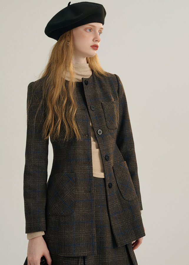 COLLARLESS PLAID WOOL BLAZER - ANLEM