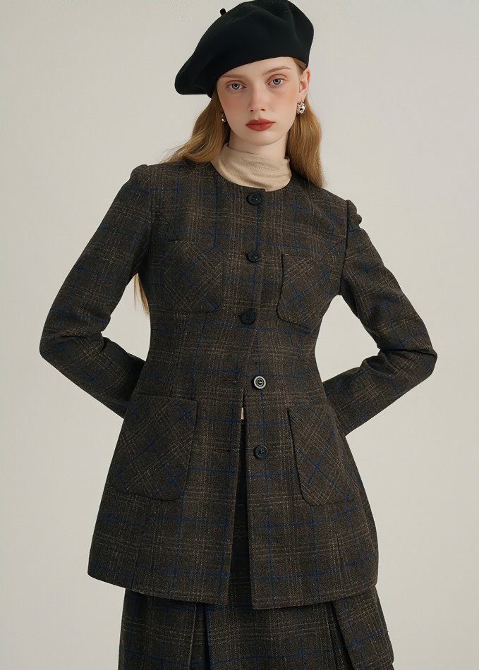 COLLARLESS PLAID WOOL BLAZER - ANLEM