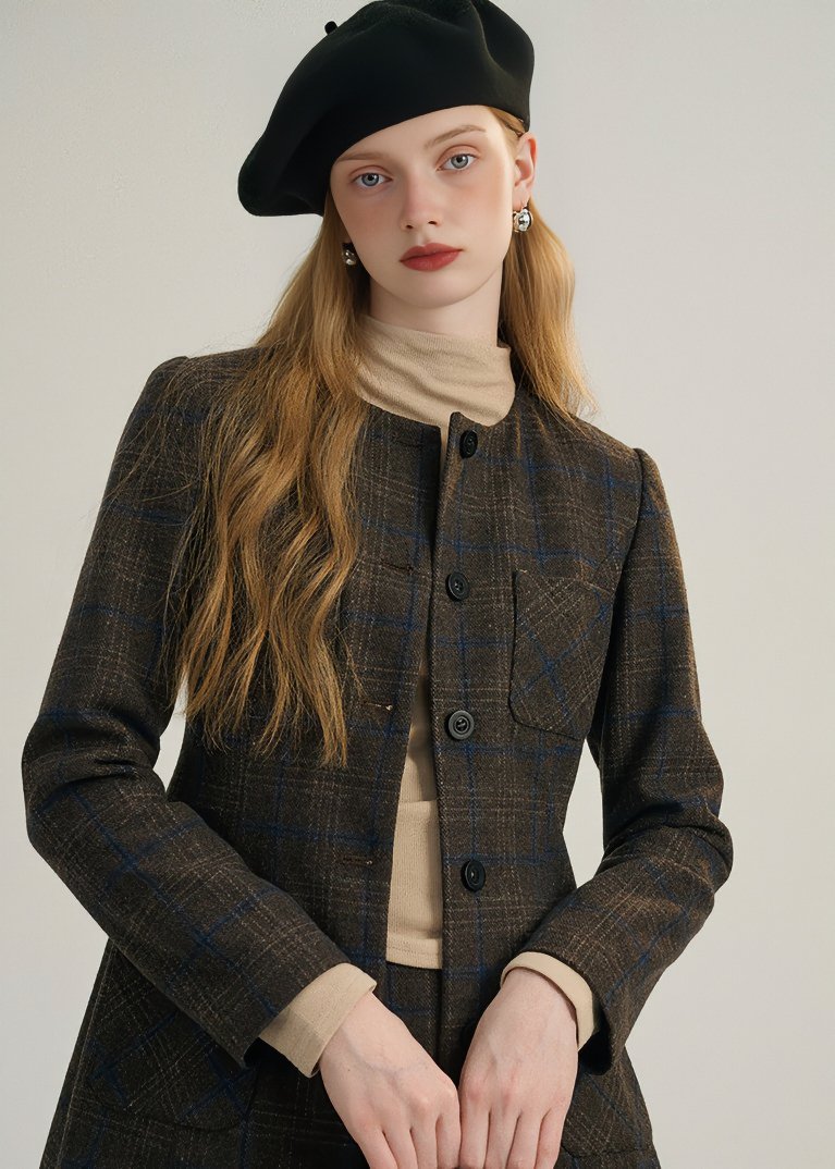 COLLARLESS PLAID WOOL BLAZER - ANLEM