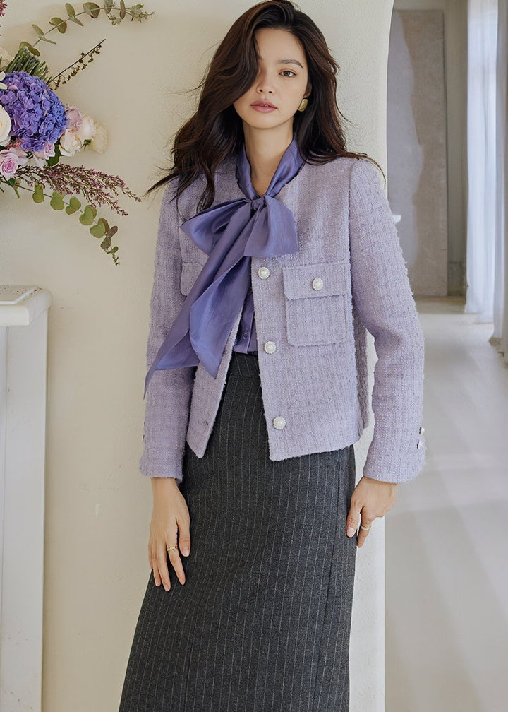 COLLARLESS PURPLE TWEED JACKET - ANLEM