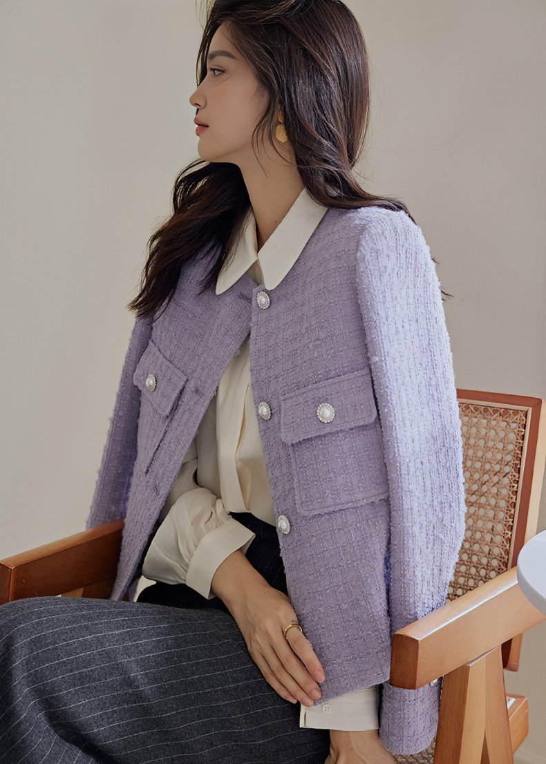 COLLARLESS PURPLE TWEED JACKET - ANLEM