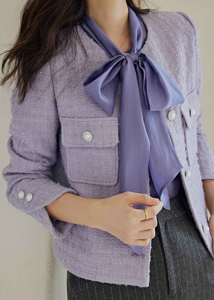 COLLARLESS PURPLE TWEED JACKET - ANLEM