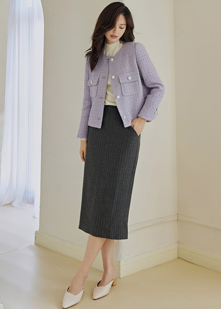 COLLARLESS PURPLE TWEED JACKET - ANLEM