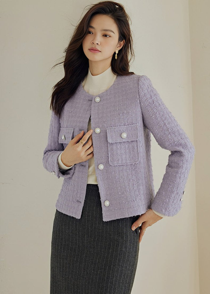 COLLARLESS PURPLE TWEED JACKET - ANLEM