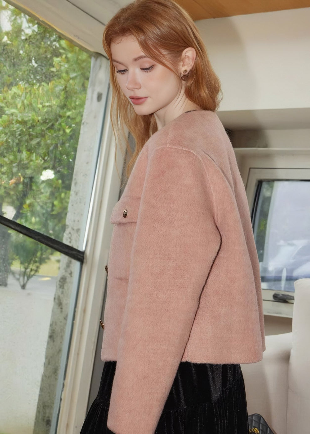 COLLARLESS SHORT WOOL JACKET - ANLEM