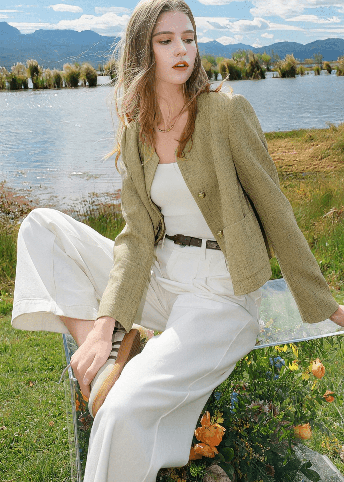 COLLARLESS TWEED CROP JACKET - ANLEM